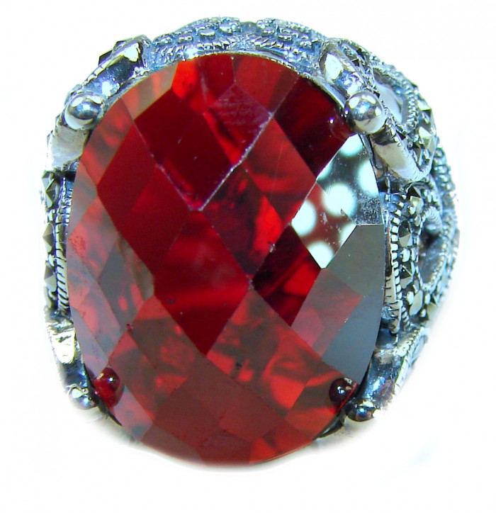 Bella Rosa Natural 33.4 carat Ruby Marcasite .925 Sterling Silver handmade Large Statement Ring size 7 - Close-up of Bella Rosa 33.4 carat Ruby ring in .925 Sterling Silver