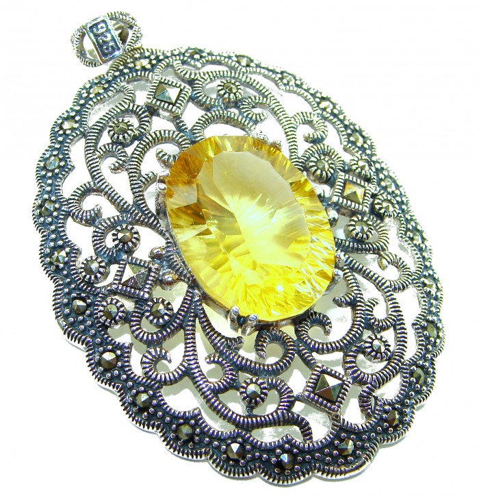Luxury genuine 19.5 CARAT oval cut Golden Topaz .925 Sterling Silver handmade Pendant - Ornate pendant with golden topaz, top view detailing filigree design.