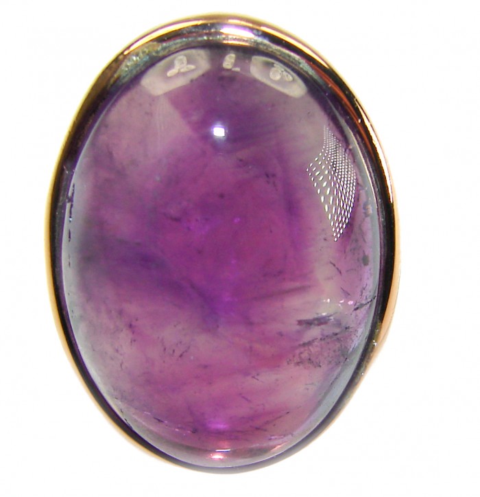 Top quality 16.2 carat Amethyst .925 Sterling Silver dipped in 18K Gold Handcrafted Large Ring size 7 3/4 - Amethyst stone close-up on sterling silver setting.