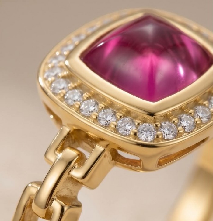 Bella Rosa Natural fancy cut 2.1 carat Pink Tourmaline 18K Gold over .925 Sterling Silver handmade Statement Ring size 6 - Stone close-up of Bella Rosa 2.1 carat Pink Tourmaline ring in 18K gold