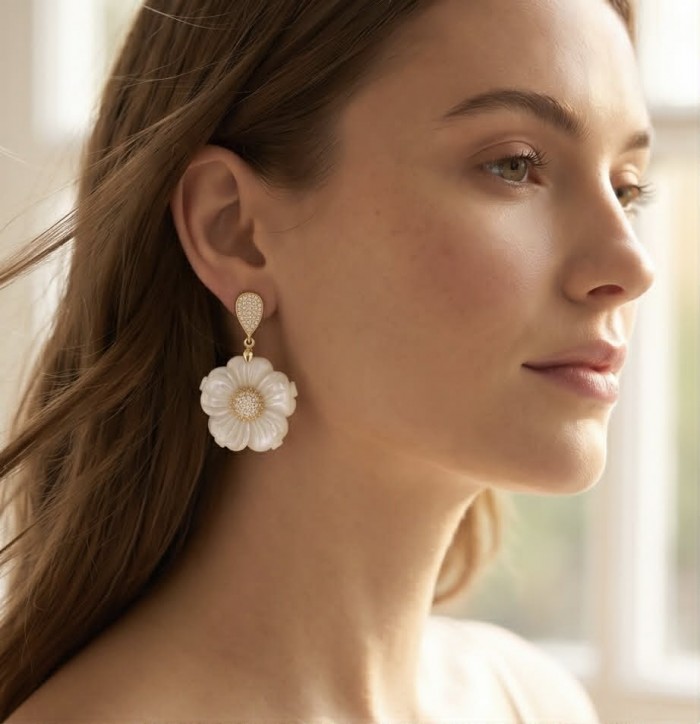 BLOOMING FLOWERS Genuine Blister Pearl 0.2 CARAT lab grown Diamond 18K Gold over .925 Sterling Silver handcrafted Statement Earrings - Side view of woman wearing BLOOMING FLOWERS genuine blister pearl earring