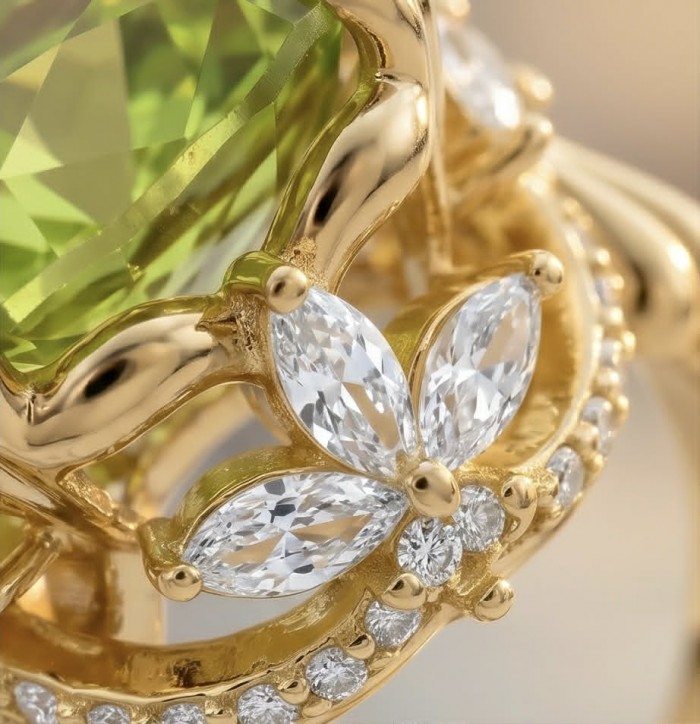 Costa del Sol 10.4 carat Lemon Quartz 18K Gold over .925 Sterling Silver handcrafted ring size 7 - Close-up of Costa del Sol ring with lemon quartz and diamond accents.