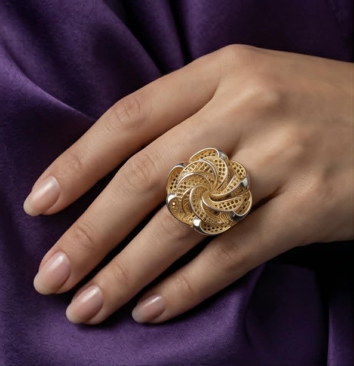Dubai Style - .925 Sterling Silver dipped in 22K Gold handmade Large ring size 6 - Gold dipped silver ring worn on hand, intricate design, purple background.