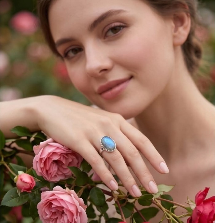 MOONLIGHT Shimmering Labradorite .925 Sterling Silver handcrafted Large ring size 8 adjustable - Woman with pink roses wearing MOONLIGHT Labradorite ring on hand