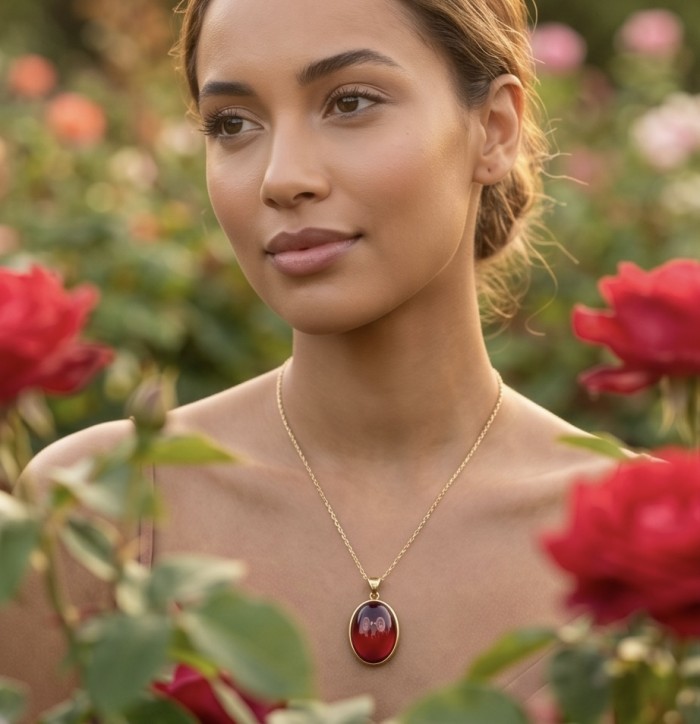 Francesca - authentic 29.5 carat Star Ruby 22K Gold over .925 Sterling Silver handcrafted Pendant - Woman wearing Francesca Star Ruby necklace amid roses, frontal view.
