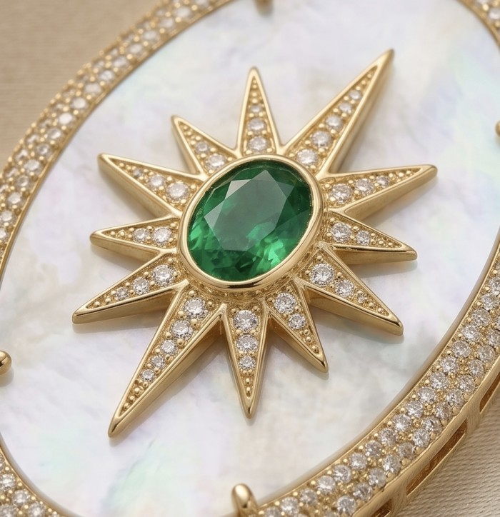 Precious Blister Pearl 2.4 carat Emerald 18K Gold over .925 Sterling Silver .925 Sterling Silver Necklace; 24 inches long - Close-up of emerald and diamond detail on gold jewelry piece.