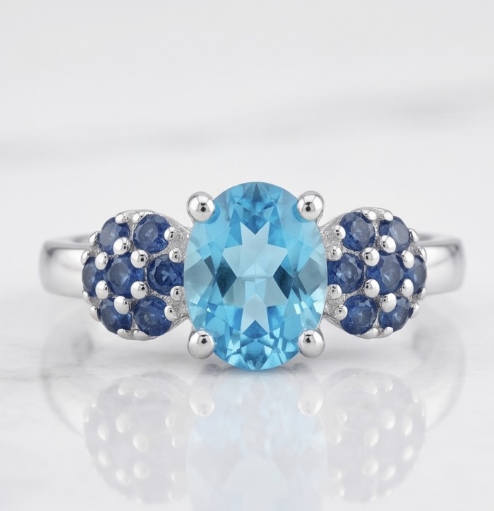 Pacifica 1.5 carat authentic Swiss Blue Topaz .925 Sterling Silver handmade Statement Ring size 7 1/2 - Close-up of Pacifica Swiss Blue Topaz ring with cluster accents