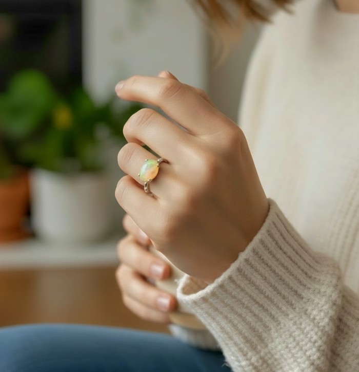 A Milky Way Genuine 2.8 carat Fire Opal .925 Sterling Silver handmade Ring size 8 - Fire Opal ring on hand, close-up, showcasing iridescent colors.