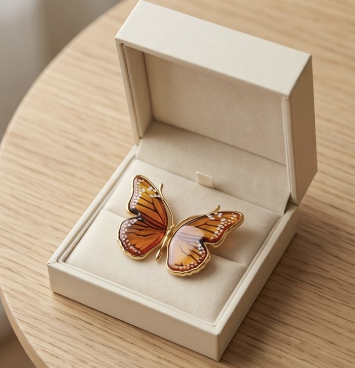 Golden Butterfly Authentic carved Baltic Amber 18K Gold over .925 Sterling Silver handcrafted pendant - Golden butterfly brooch in jewelry box, top view.