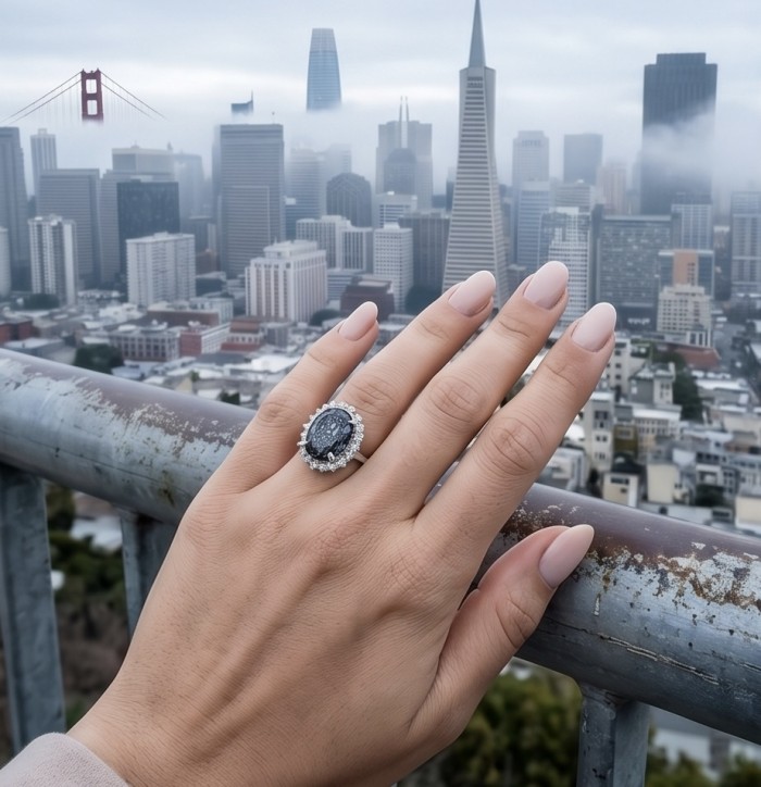 Stella 14.9 carat authentic London Blue Topaz .925 Sterling Silver Handcrafted Ring size 8 - London Blue Topaz ring worn on hand, San Francisco skyline in background.