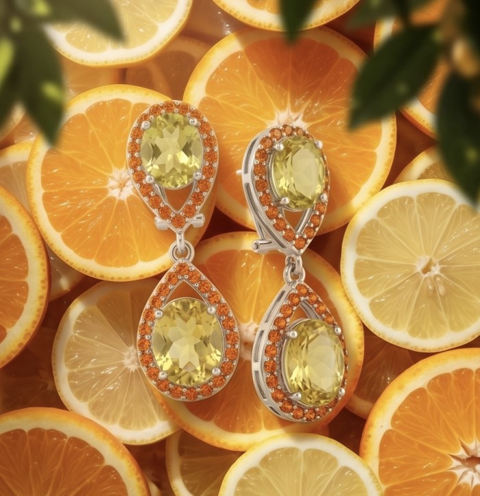 Fiesta Authentic 12.5 carat Brazilain Citrine .925 Sterling Silver dipped in Rhodium over brilliantly handcrafted earrings - Front view of citrine drop earrings on citrus background