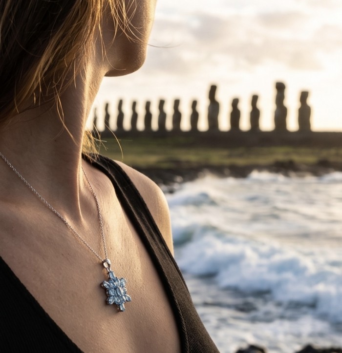 Blue Star 11.4 carat genuine Swiss Blue Topaz .925 Sterling Silver handmade Statement Pendant - Blue Star pendant on woman's neck, Moai statues in background