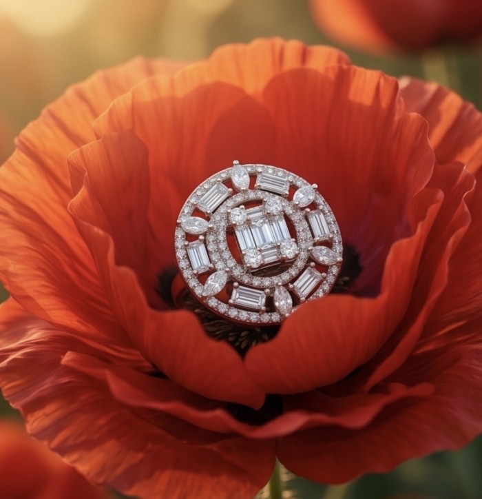 Art Deco 6.5 carat White Topaz .925 Sterling Silver ring size 8 - Top view of Art Deco ring on a red poppy flower.