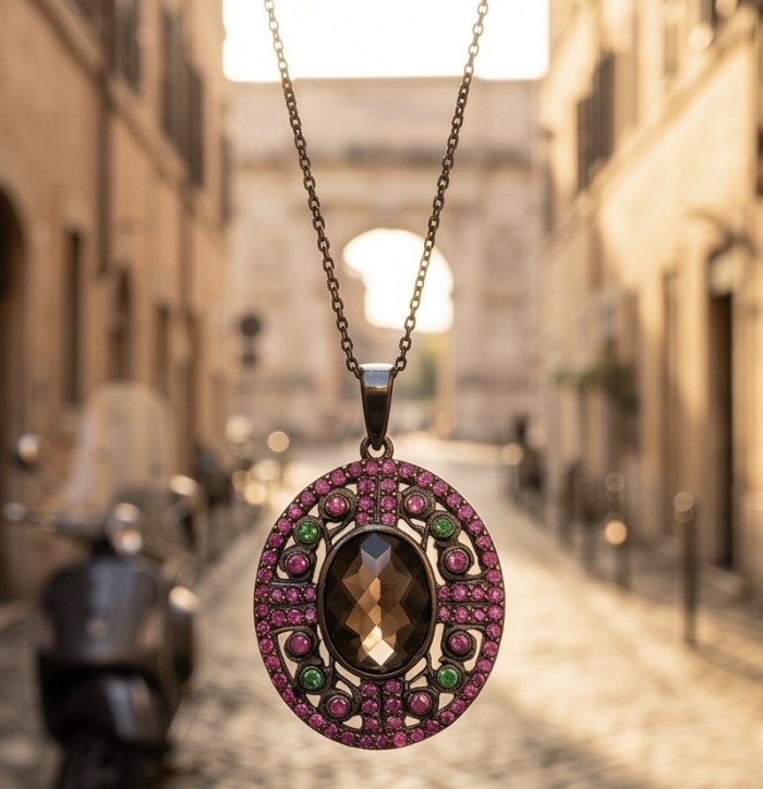 Authentic 9.5 carat carved Smoky Topaz black rhodium over .925 Sterling Silver handmade Statement Pendant - Close-up of smoky topaz pendant with pink and green gemstones.