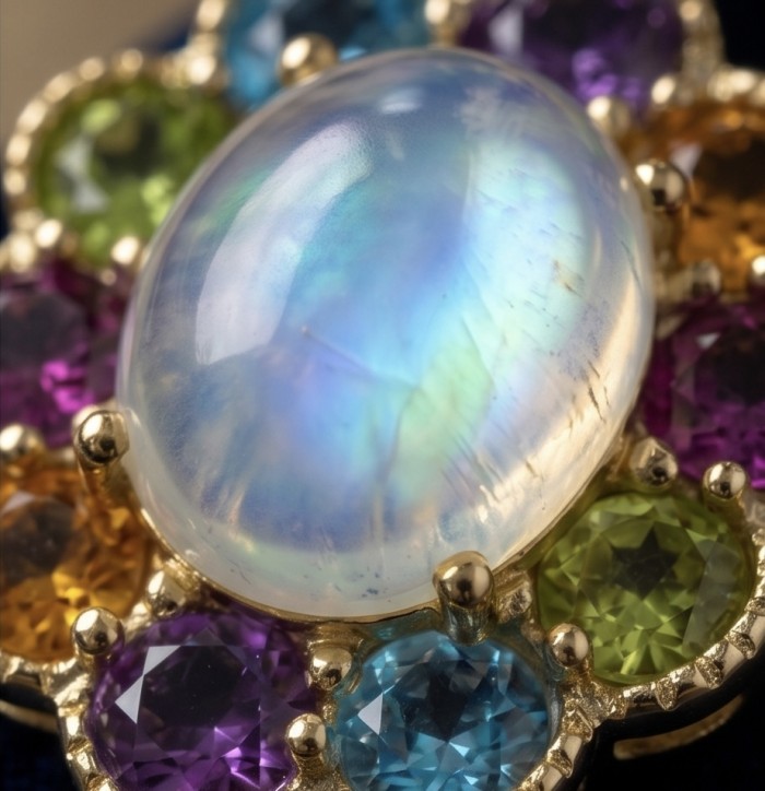Genuine 7.2 carat Fire Moonstone 14K Gold over .925 Sterling Silver handcrafted pendant - Close-up of Fire Moonstone with colorful gems in gold setting.