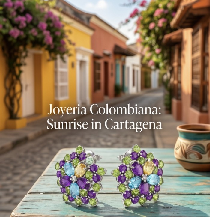 Giovanna - Authentic 14.5 carat Multigem rhodium over .925 Sterling Silver handcrafted earrings - Colorful gemstone earrings on table with Cartagena street background