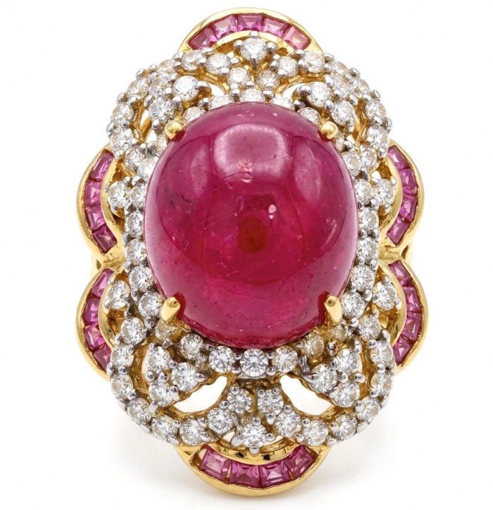 Empress 28.6 ctw Mozambique Star Ruby .925 Sterling Silver dipped in 22K Gold handcrafted Statement Ring size 7 - Close-up of Empress ring with Mozambique star ruby and diamonds.