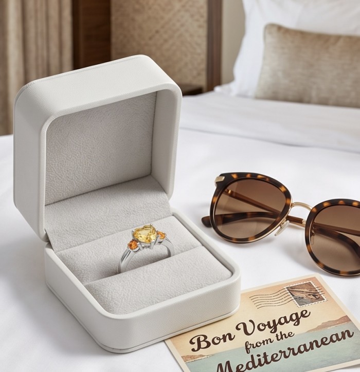 4.2 carat Brazilian Citrine .925 Sterling Silver handcrafted ring; s. 8 3/4 - Ring in box, Brazilian Citrine, sunglasses, and postcard on table.