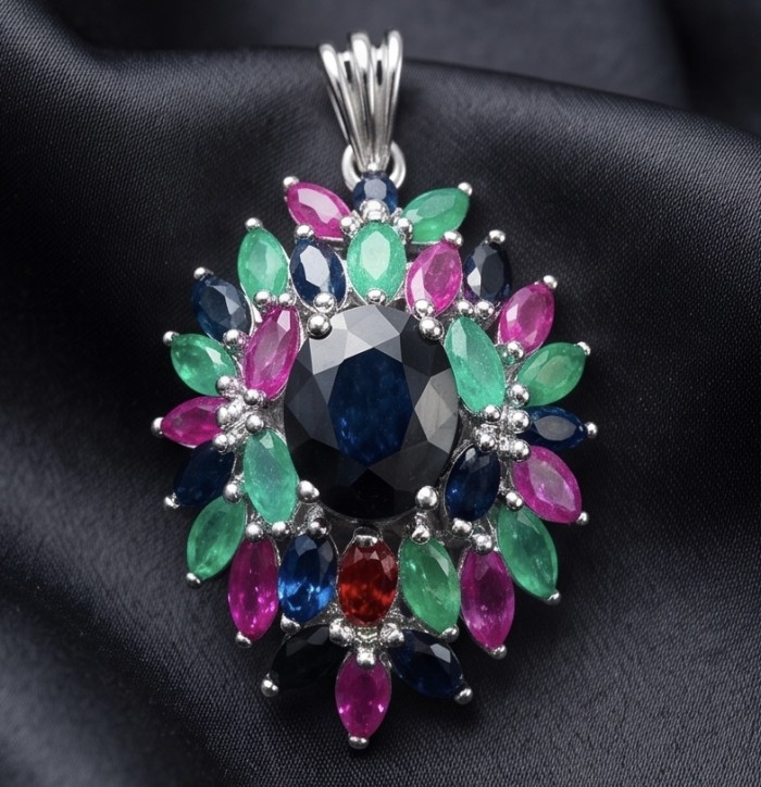 Enchanted Ocean oval cut 18.5 carat London Blue Topaz .925 Sterling Silver handmade Pendant - Close-up of Enchanted Ocean pendant with multicolored gemstones.