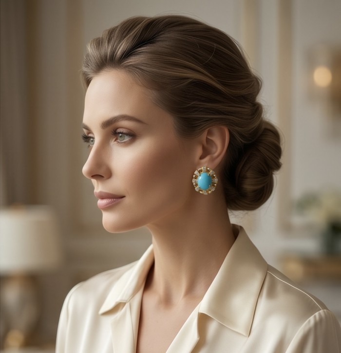 Sofia - authentic Sleeping Beauty Turquoise 22K Gold over .925 Sterling Silver handcrafted Earrings - Side view of woman wearing Sofia Sleeping Beauty Turquoise earrings
