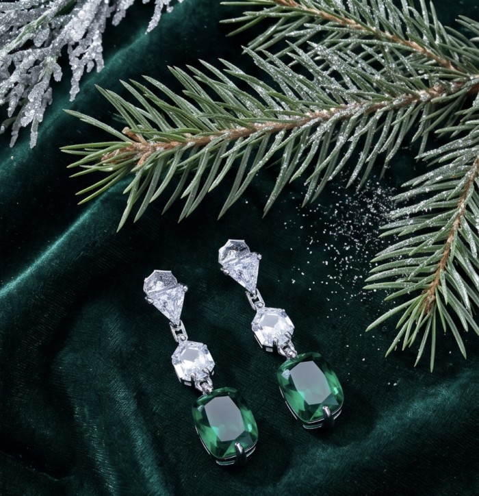 Giovanna- Authentic 8.5 CARAT natural Colombian Emerald .925 Sterling Silver handcrafted Statement earrings - Giovanna Colombian Emerald Earrings on Green Velvet with Pine Branches