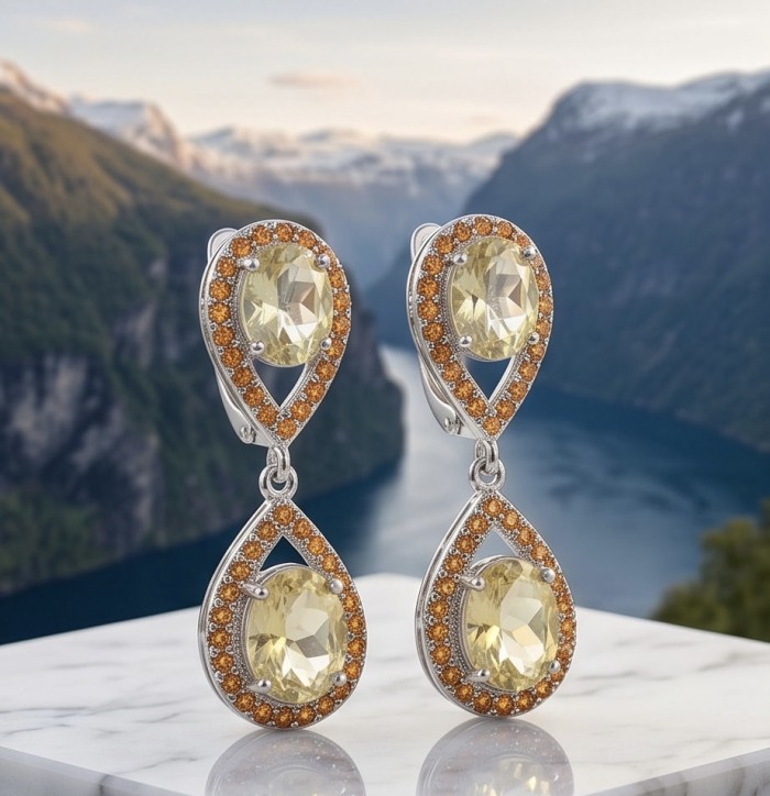 Giovanna Authentic 12.5 carat Brazilain Citrine .925 Sterling Silver dipped in Rhodium over brilliantly handcrafted earrings - Earrings with Brazilian Citrine, front view, on marble surface with scenic backdrop.