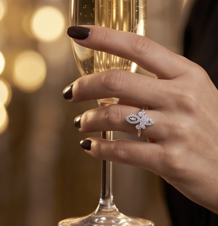Romantica Precious Natural 4.2 carat White Topaz .925 Sterling Silver ring size 8 - Hand wearing Romantica White Topaz ring holding a champagne glass