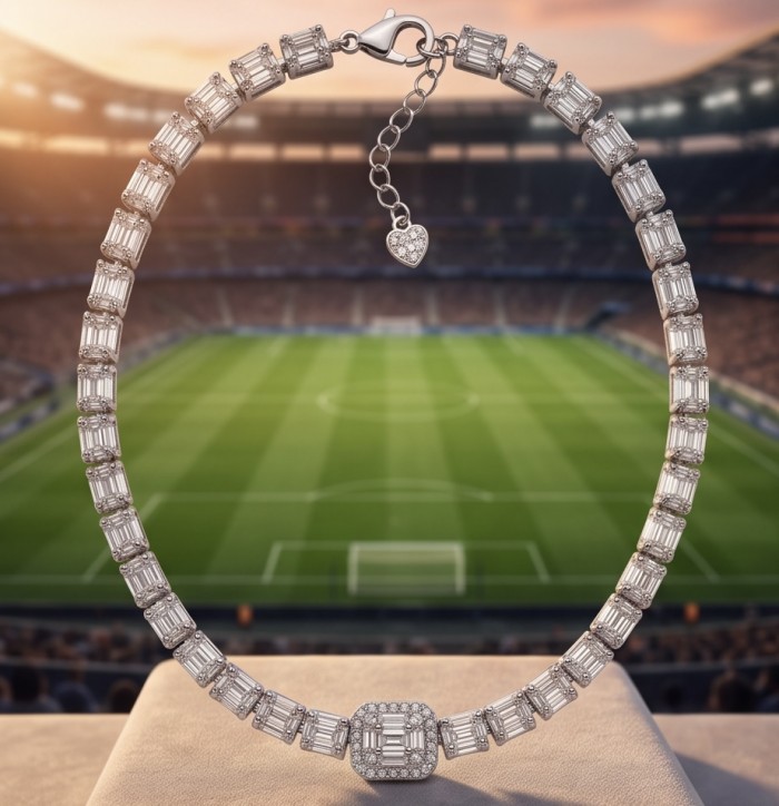 Mademoiselle 10.2 carat Moissanite .925 Sterling Silver Statement Bracelet - Mademoiselle Moissanite necklace, stadium background, focus on clasp.