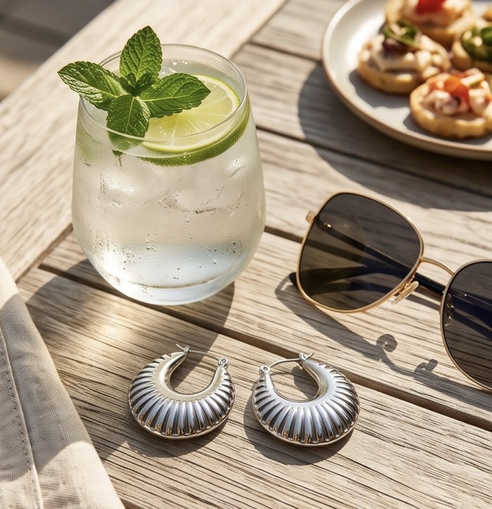 Highly Polished Fancy Modern design .925 Sterling Silver Italy made Earrings - Top view of polished sterling silver earrings with sunglasses and drink.