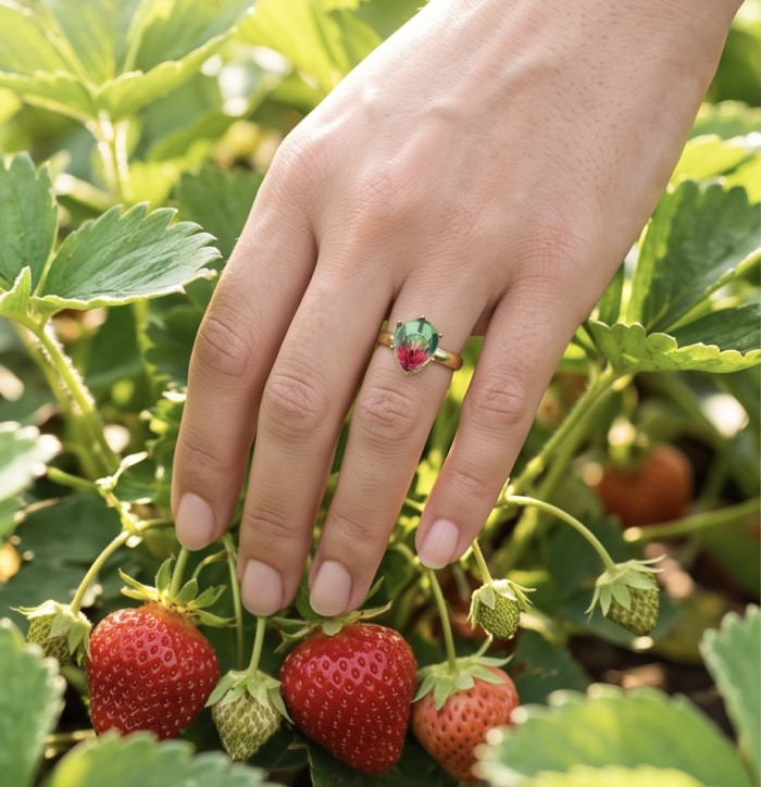 6.8 carat Brazilian Tourmaline .925 Sterling Silver dipped in 18K Gold Perfectly handcrafted Ring s. 8 - Tourmaline ring on hand with strawberries in background.