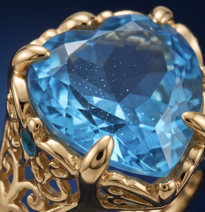 Blue Angel's Heart Natural heart cut 12.2 carat Swiss Blue Topaz Enamel .925 Sterling Silver dipped in 22K Gold handmade Statement Ring size 7 - Close-up of Blue Angel's Heart ring with 12.2 carat Swiss Blue stone.