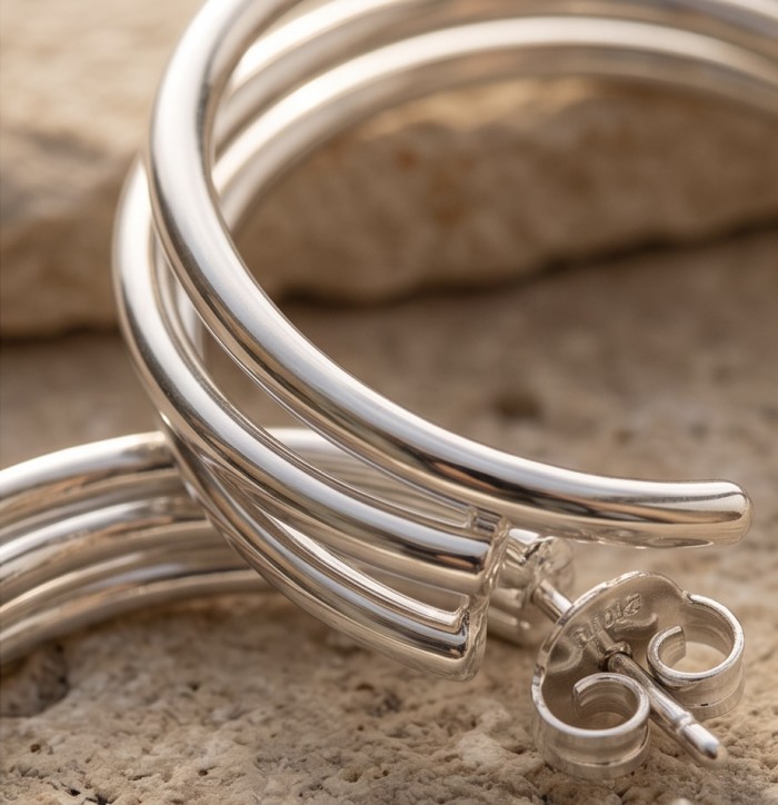 Allure Natural .925 Sterling Silver handcrafted hoop earrings - Close-up of Allure Natural .925 Sterling Silver hoop earring detail