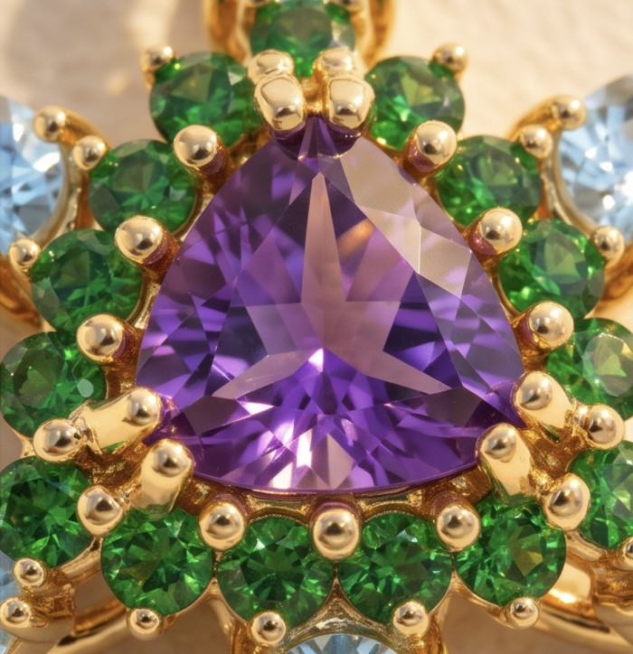 Divine creation 14.4 carat Amethyst .925 Sterling Silver dipped in 18K Gold handcarfted Pendant - Close-up of amethyst and green stone cluster in gold setting.