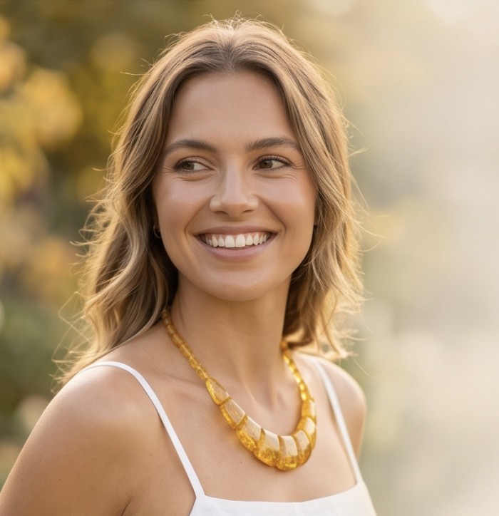 Dazzling - Rare!- vintage Style- natural Golden Baltic Amber .925 Sterling Silver handcrafted necklace - Woman wearing vintage-style golden Baltic amber necklace.