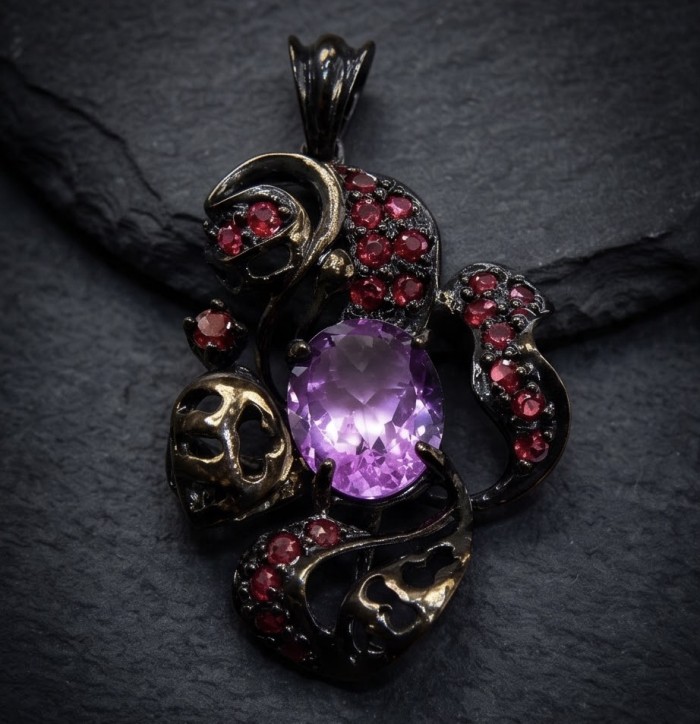 Beautiful Mystery 8.8 carat Precious Amethyst .925 Sterling Silver dipped in black rhodium handcarfted Pendant - Close-up of amethyst pendant with red stones on a dark background.