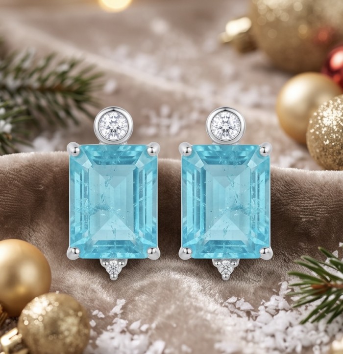Angelina 5.9 carat authentic Aquamarine .925 Sterling Silver Handcrafted EARRINGS - Close-up of Angelina Aquamarine earrings on soft fabric background