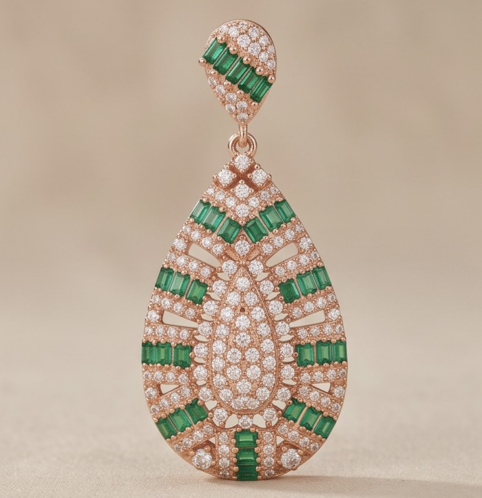Isabella 4.2 carat oval cut Emerald 18K Rose Gold .925 Sterling Silver Perfectly handcrafted pendant - Teardrop earring front view, emerald and diamond design, rose gold setting.