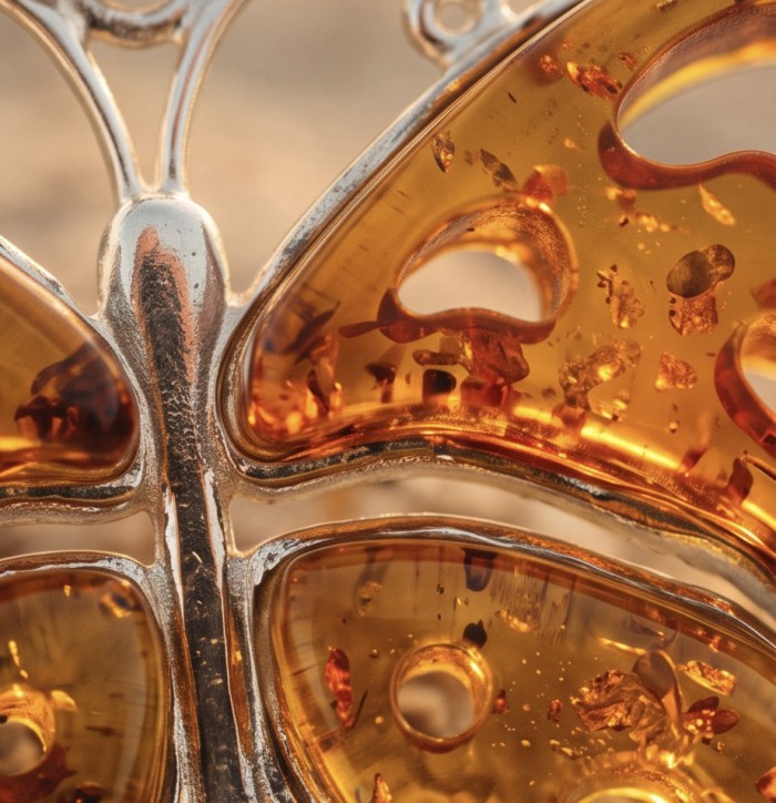 Golden Authentic carved Baltic Amber .925 Sterling Silver handcrafted pendant - Close-up of Baltic Amber butterfly with sterling silver detail.