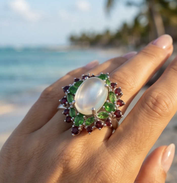 Bringer of Joy Authentic 22.9 carat Brazilian Citrine .925 Sterling Silver brilliantly handcrafted Statement Statement ring; s. 8 1/4 - Close-up of ornate ring with moonstone, green, and red gems worn on hand.