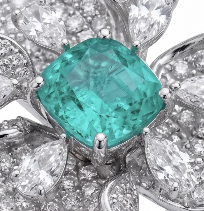 Elizabeth 4.8 carat Colombian Emerald 8.2 carat Moissanite .925 Sterling Silver dipped in Rhodium handcrafted Ring size 7 1/2 - Close-up of Elizabeth 4.8ct Colombian Emerald and 8.2ct Moissanite.