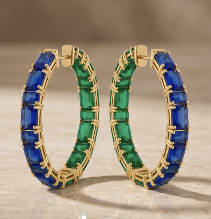 Luxurious 9.5 carat Emerald Sapphire 22K Gold over .925 Sterling Silver handcrafted inside - out earrings - Front view of gold hoop earrings with emerald and sapphire stones.