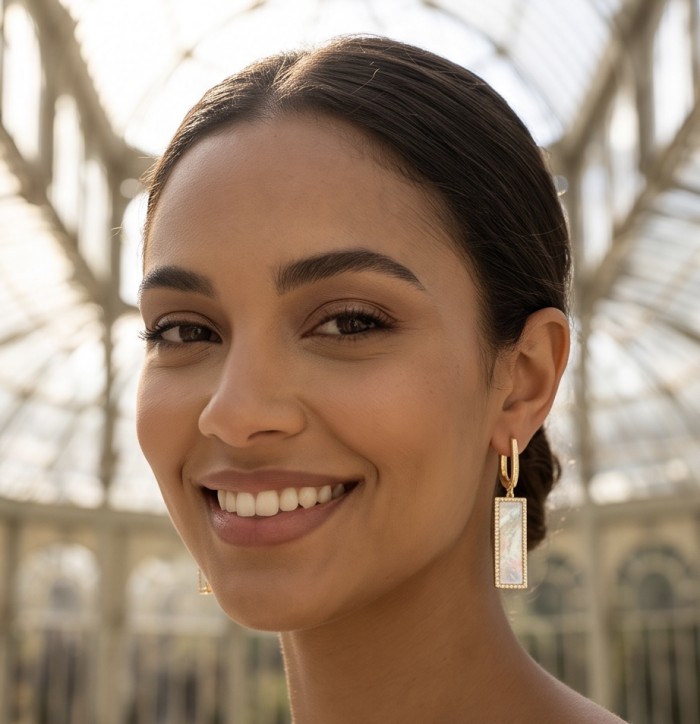 Luxurious Genuine Blister Pearl 0.4 CARAT lab grown Diamond 18K Gold over .925 Sterling Silver handcrafted Statement Earrings - Woman wearing earrings with blister pearl and diamond, close-up.