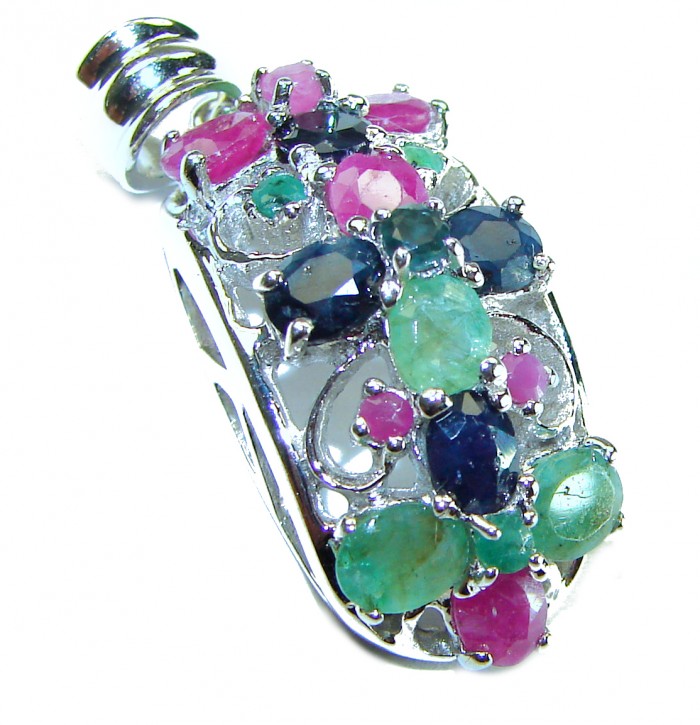 Precious Genuine 10.5 carat Emerald Ruby Sapphire .925 Sterling Silver handmade Pendant - photo 3