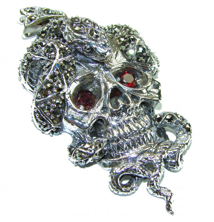 Huge Scary Ghost Rider Ruby Authentic Ruby Marcasite .925 Sterling Silver handcrafted Pendant - photo 2