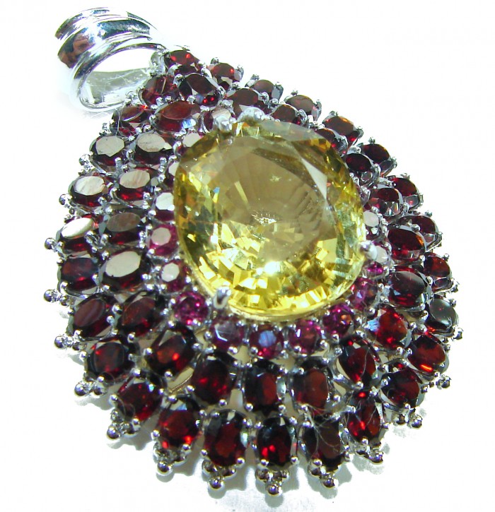 Vintage Design Genuine 37.5 carat precious Citrine Garnet .925 Sterling Silver handmade Pendant - Pendant close-up featuring citrine center and garnet accents