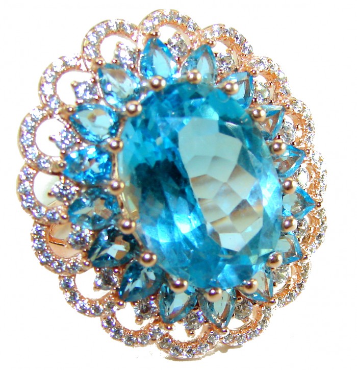 Endless Ocean Natural 14.4 carat Swiss Blue Topaz .925 Sterling Silver dipped in 18K Gold handmade Large Statement Ring size 7 1/4 - Close-up of Endless Ocean 14.4 carat Swiss Blue Topaz ring design.