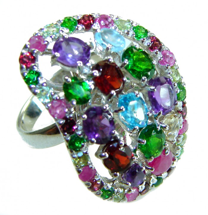 Fiesta Authentic 17.5 carat Multigem .925 Sterling Silver brilliantly handcrafted Large Ring size 8 3/4 - Top view of multigem sterling silver ring showcasing vibrant stones.