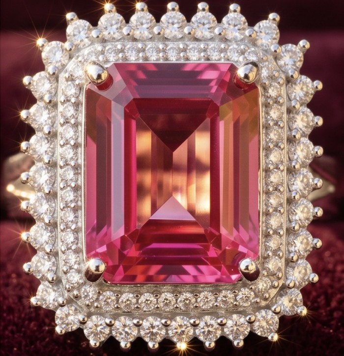 Stella 9.8 carat Brazilian Pink Topaz .925 Sterling Silver Handcrafted Statement Ring size 8 - Close-up of Stella 9.8ct pink topaz with diamond halo setting.