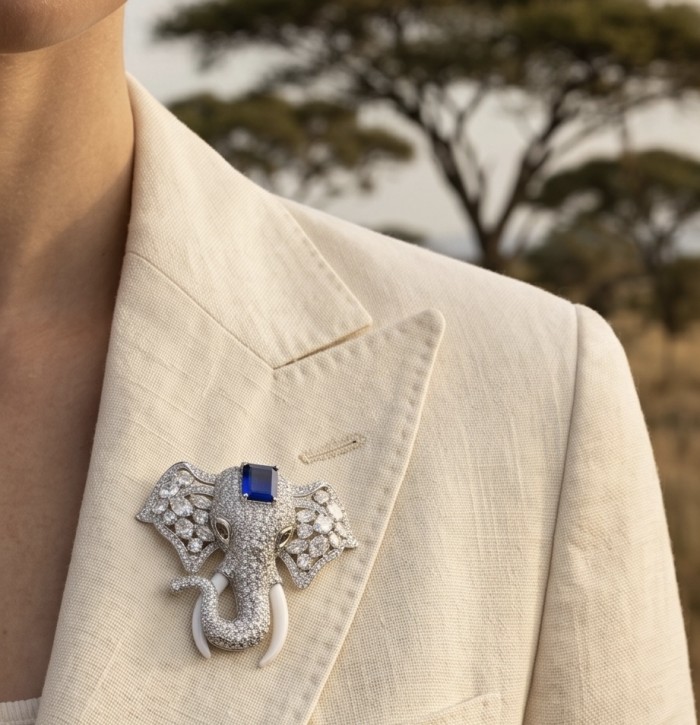 Attract YOUR Luck - ELEPHANT- 5.2 CARAT Sapphire .925 Sterling Silver dipped in rhodium handcrafted Pendant Brooch - Elephant brooch with sapphire, worn on beige jacket, front view.