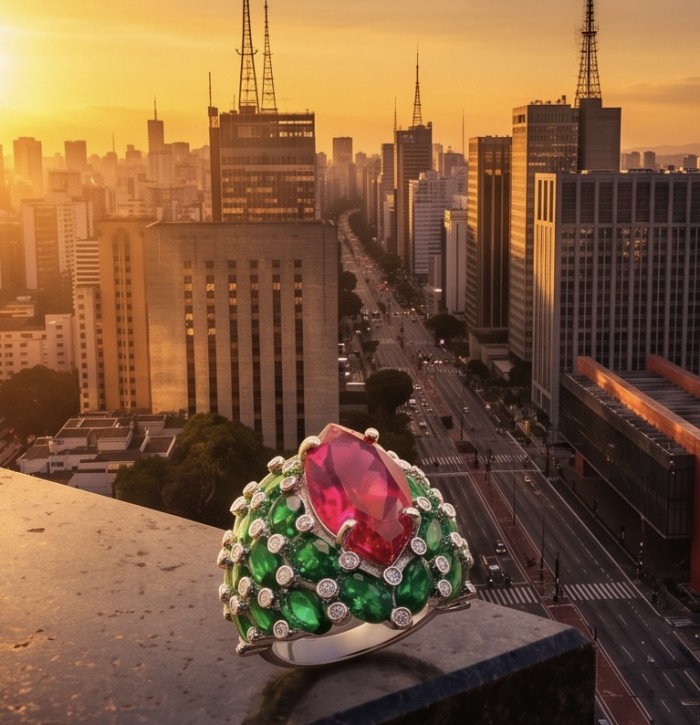 Giovanna 28.6 carat Ruby Emerald .925 Sterling Silver dipped rhodium handmade Huge Statement Ring size 9 1/4 - Ruby and emerald ring close-up with city skyline at sunset